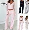 Loose Wide Leg Trousers Women Sweatshirt Pants 2-Piece Set, V Neck Slim Fit Top & High Skin Friendly Lounge Sets Waisted Trousers, Solid Color Outfit