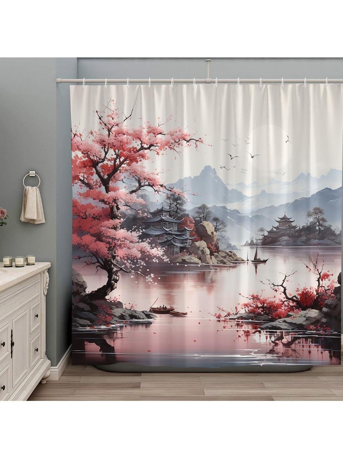 

Oil Painting Shower Curtain Cherry Blossom Flower Asian Scenic Rustic Floral Spring Farmhouse Lakes Japanese Chinese W60H190(CM)-1 Pcs
