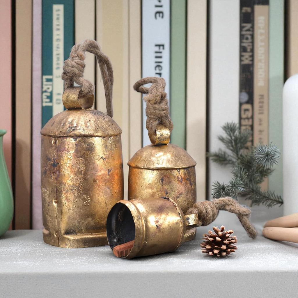 Large Rustic Gold Metal Hanging Bells Set, Handmade Vintage Cowbells for Farmhouse Christmas Decor and Boho Wall Art 4,6,8" (3-Piece)
