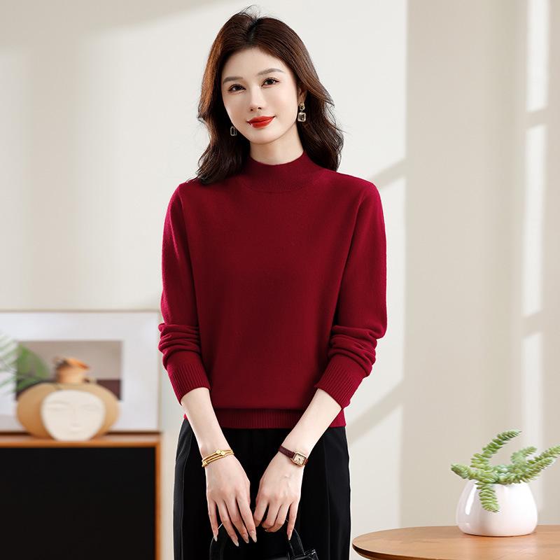 Women's Pure Wool Half-High Collar Sweater - Autumn/Winter Solid Color Loose Warm Pullover Base Layer