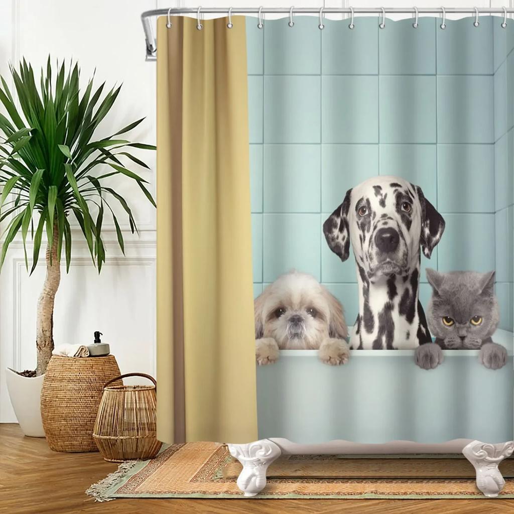 Funny Cat Shower Curtain Cartoon Cute Cats Dog Kids Shower Curtain for Bathroom Waterproof Polyester Home Decor Shower Curtains