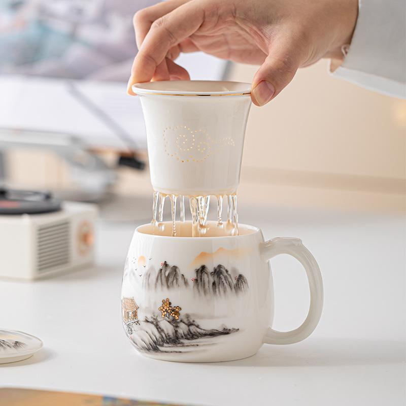 Guochao ceramics thousands of miles Jiangshan business office cup office supply tea separation ceramic cup home gift gift