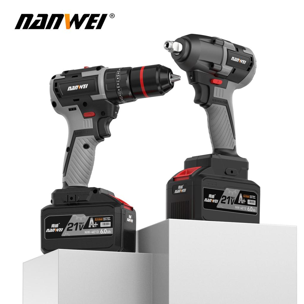 NANWEI 2 Piece 21V Brushless Motor Electric Wrench + Drill Tool Set