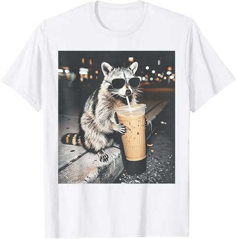 

Raccoon Drinking Iced Coffee Funny Animal Meme Unisex Women TShirt Y2k Cute Raccoon Lover Graphic Apparel Novelty Saying Tee Tops S