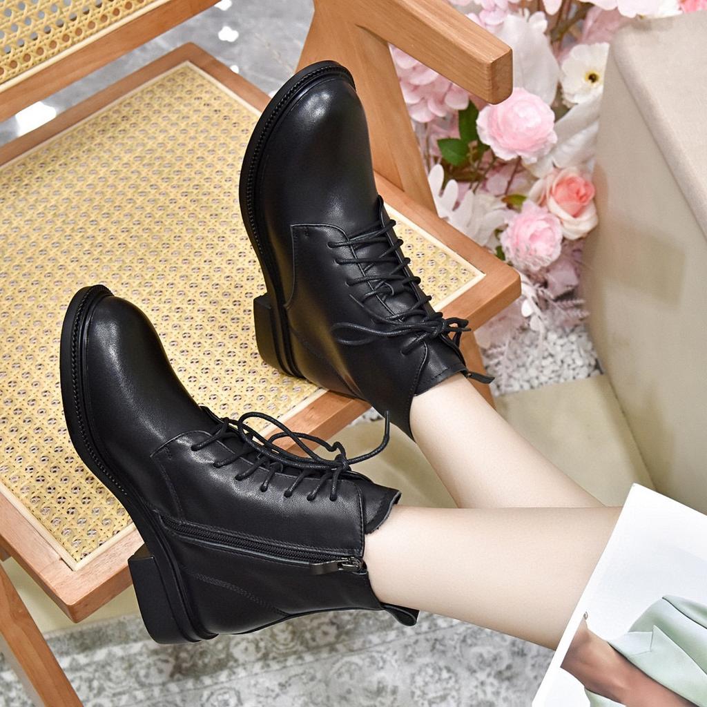Round Head Leather Boots Martin Boots Women's Large Size First Layer Cowhide Comfortable Flat Bottom Short Boots Black Cotton Boots Women's Boots