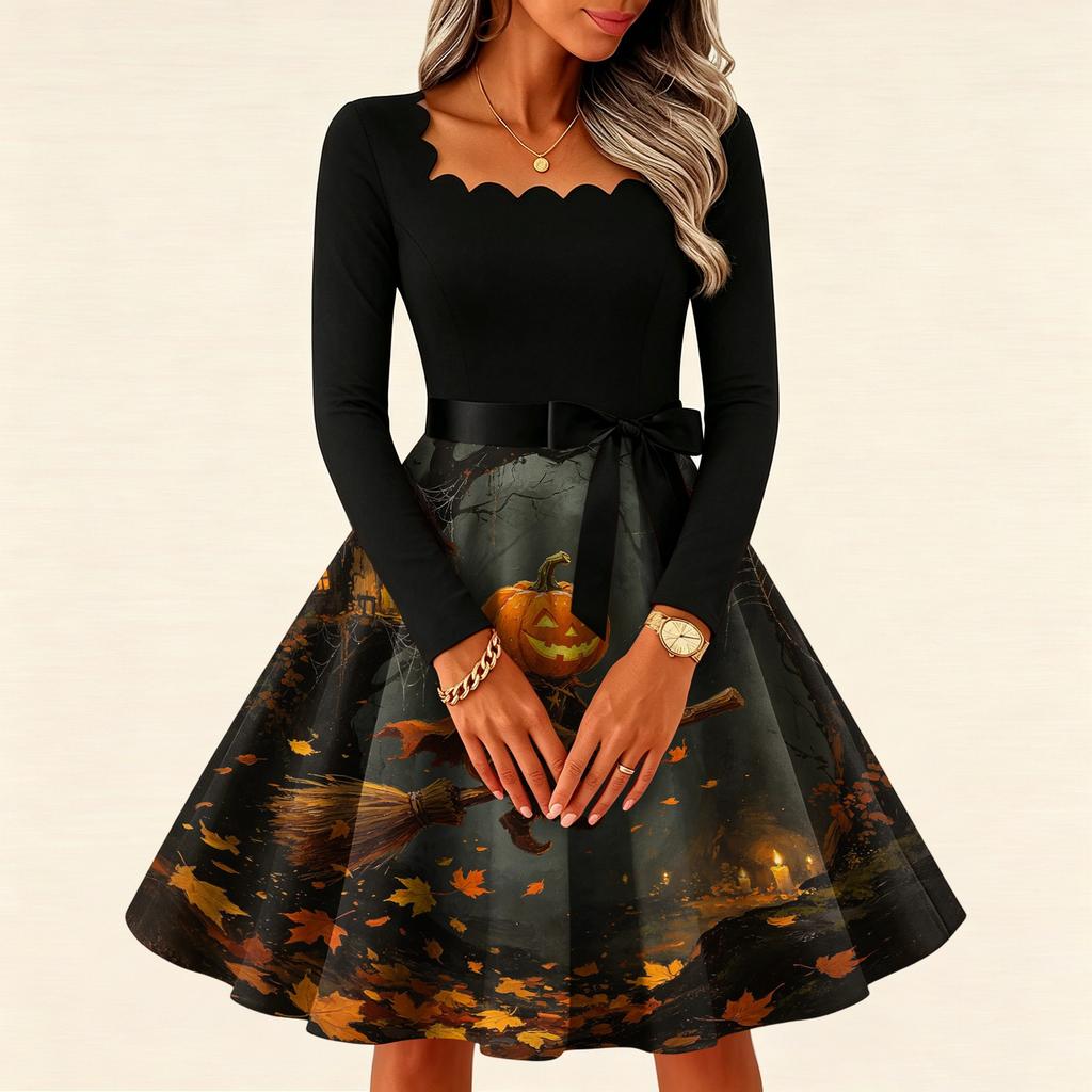 Women's Vintage Long Sleeve Square Neck Dress with Halloween Print for Party Evening Wear