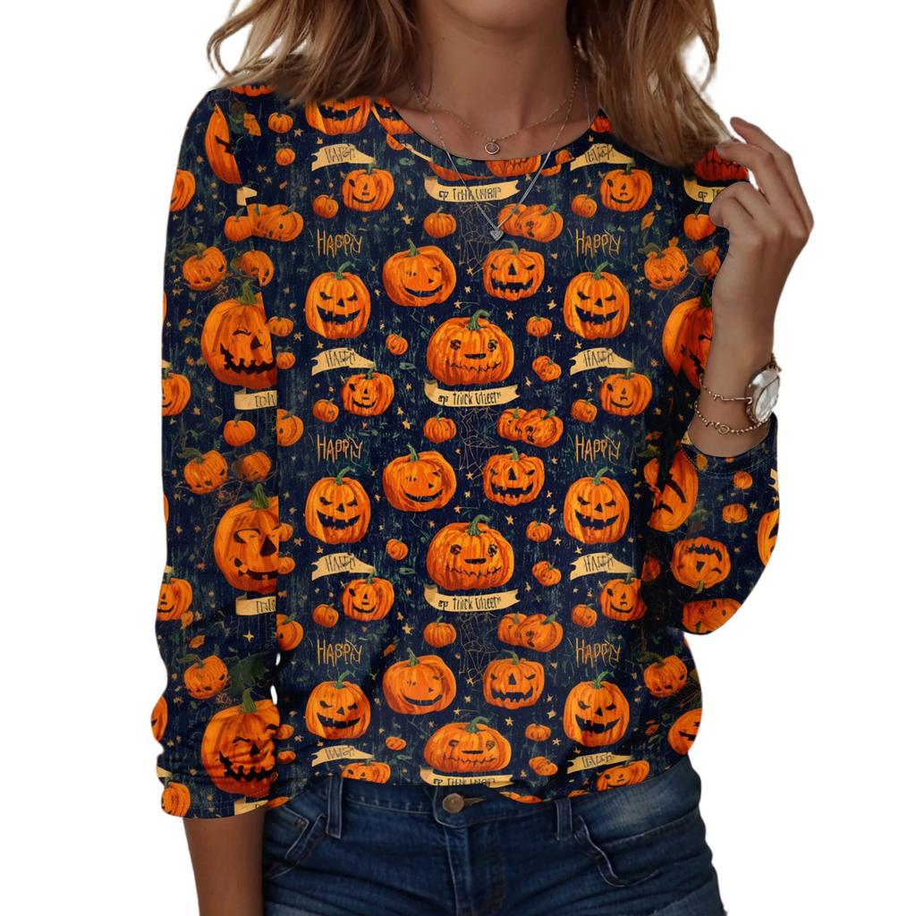 Women's Fashion Casual Long Sleeve Halloween Print Pullover Sweatshirt Crew Neck Top for Fall Seasonal Wear