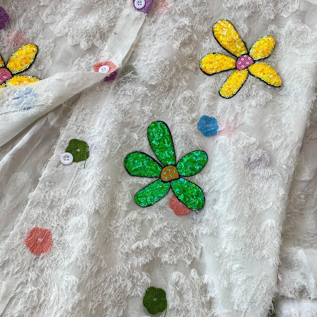 Premium Heavy Industry Diamond Sequined Flower Lapel Lantern Sleeve Shirt Women's Summer Sweet Age-reducing Loose Fringed Top