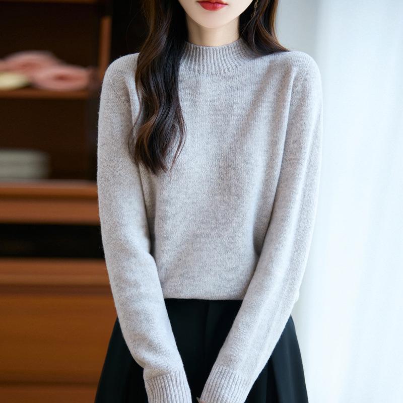 Women's 25% Pure Wool Seamless Half-High Collar Sweater - Autumn/Winter Warm Base Layer Knitwear