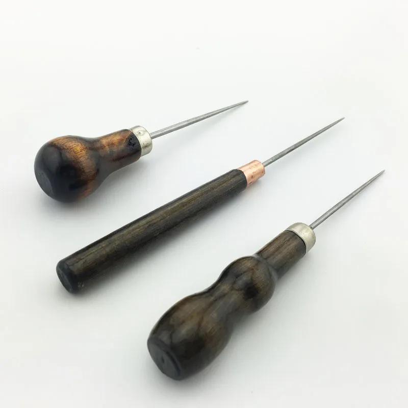 1/3Pcs Wooden Handle Awl DIY Leather Tent Sewing Awl Pin Punch Hole Repair Tool Hand Stitcher Leathercraft Needlework