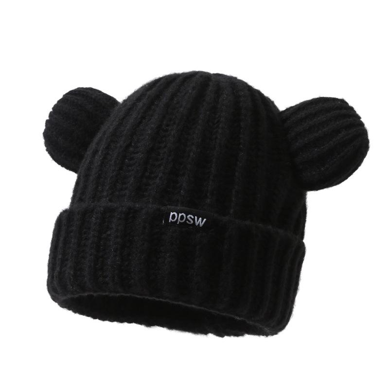 

Милая вязаная шапка Корейская версия шапки с медвежьими ушками из шерсти для женщин на зиму Утолщенная универсальная теплая шапка для защиты ушей, визуально уменьшающая лицо One size