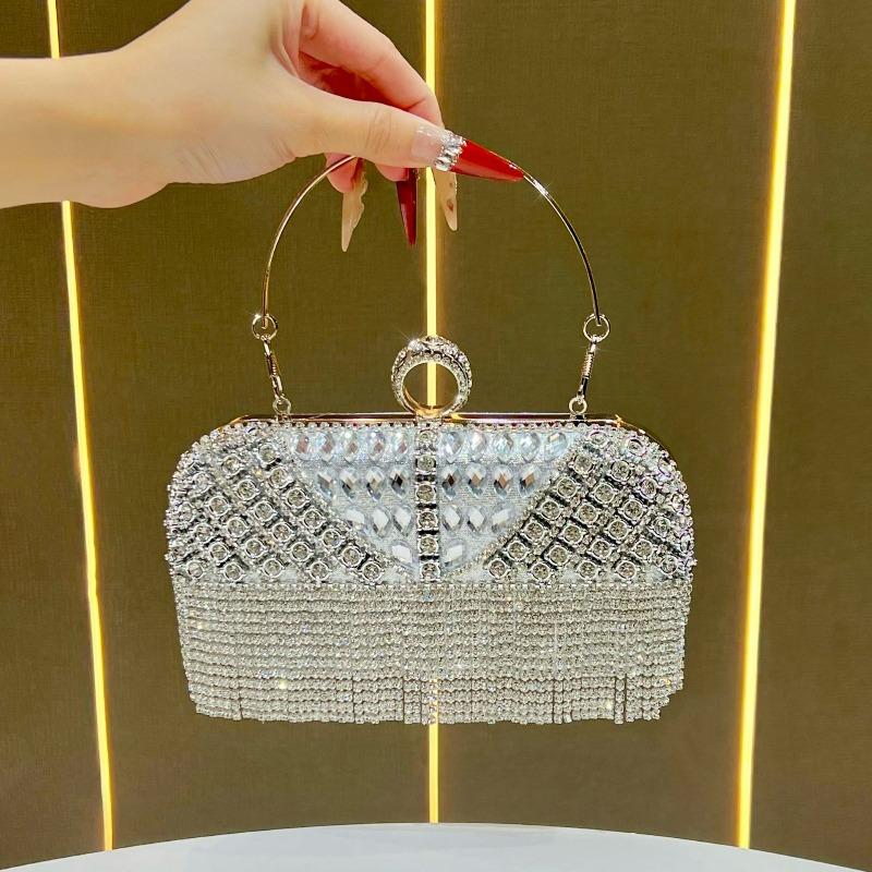 Beaded Bag with Fringes - Formal Handbag with Embedded Diamonds - Evening Bag with Diamonds