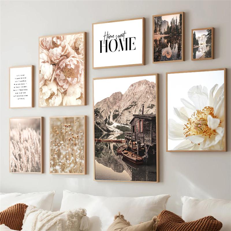 Landscape Flower Picture Canvas Painting Wall Art Autumn Scenery Mountain Lake Grass Poster and Print for Modern Home Wall Decor