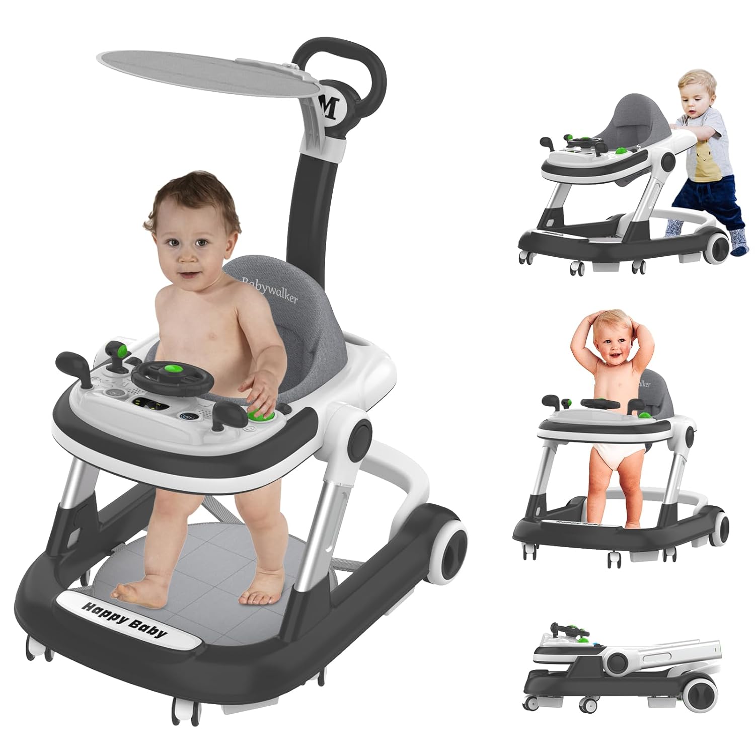 

Ходунки детские со съемной игрушкой, музыкой и подсветкой, регулируемая высота, складные детские ходунки 4 в 1 с навесом, детская коляска