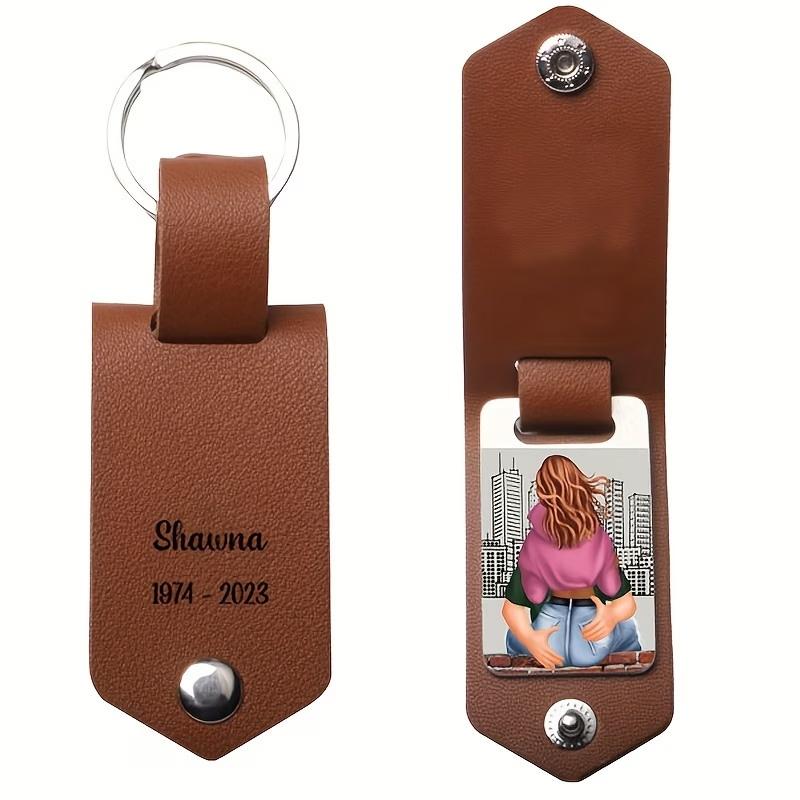 Custom Couple Leather Photo Keychain Personalized Engraving Color Picture Family Photo Memorial Classic Stainless Steel Keychain