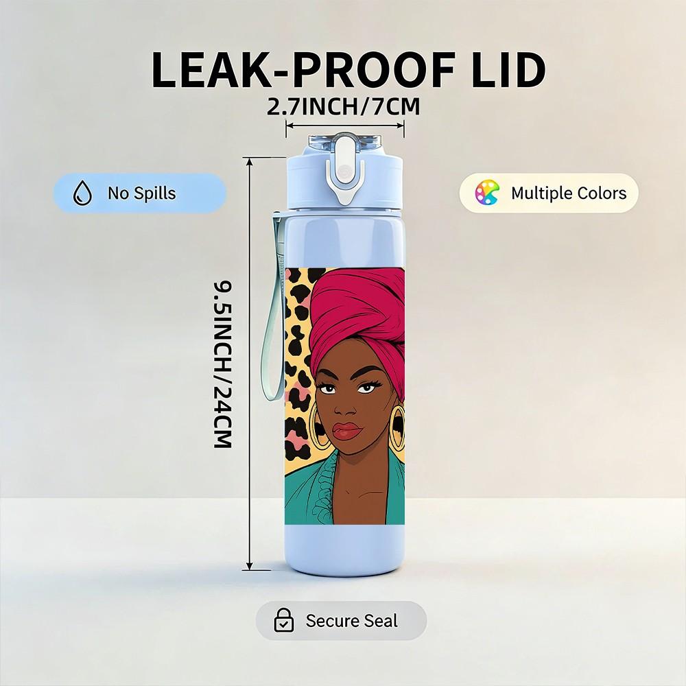 1PC African Woman Turban Pattern 750ml Color Plastic Sports Water Bottle Leakproof Flip Straw Lid Suitable for Sports Office Home Use