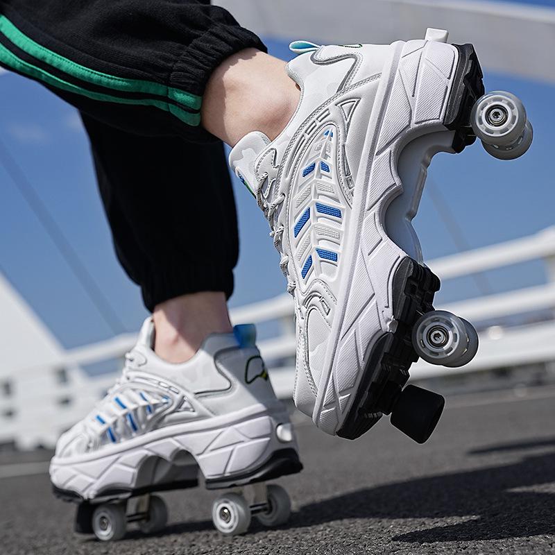 New Adult & Student Deformation Roller Skates with Brakes - Boys' & Girls' Four-Wheel Walking Shoes
