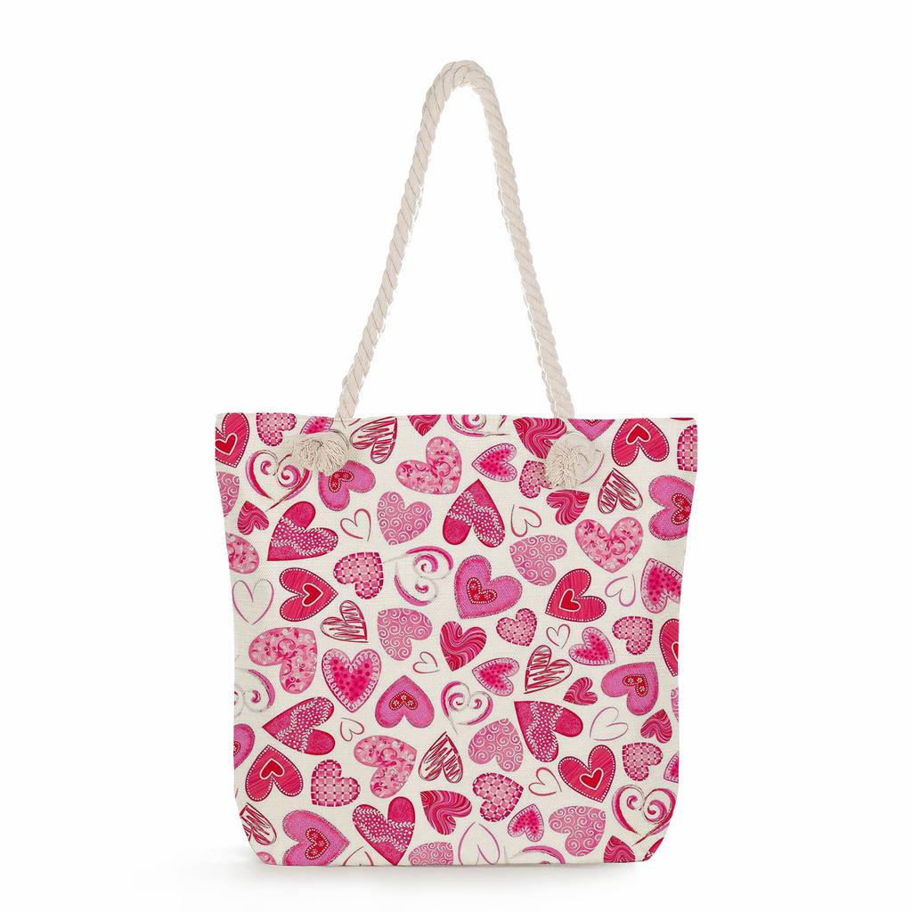 Multifunctional Valentine's Day Printed Thick Rope Shoulder Beach Bag Casual Large Capacity Handbag 0122