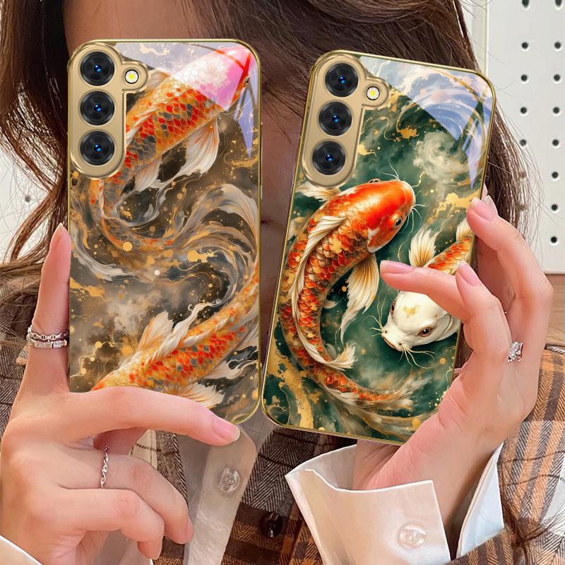 Lucky Orange Golden Koi For Samsung Galaxy S26 S20 FE S21 S22 S23 Plus S24 Ultra 25Ultra S21+ S9 S22 S8 Golden Glass Phone Case
