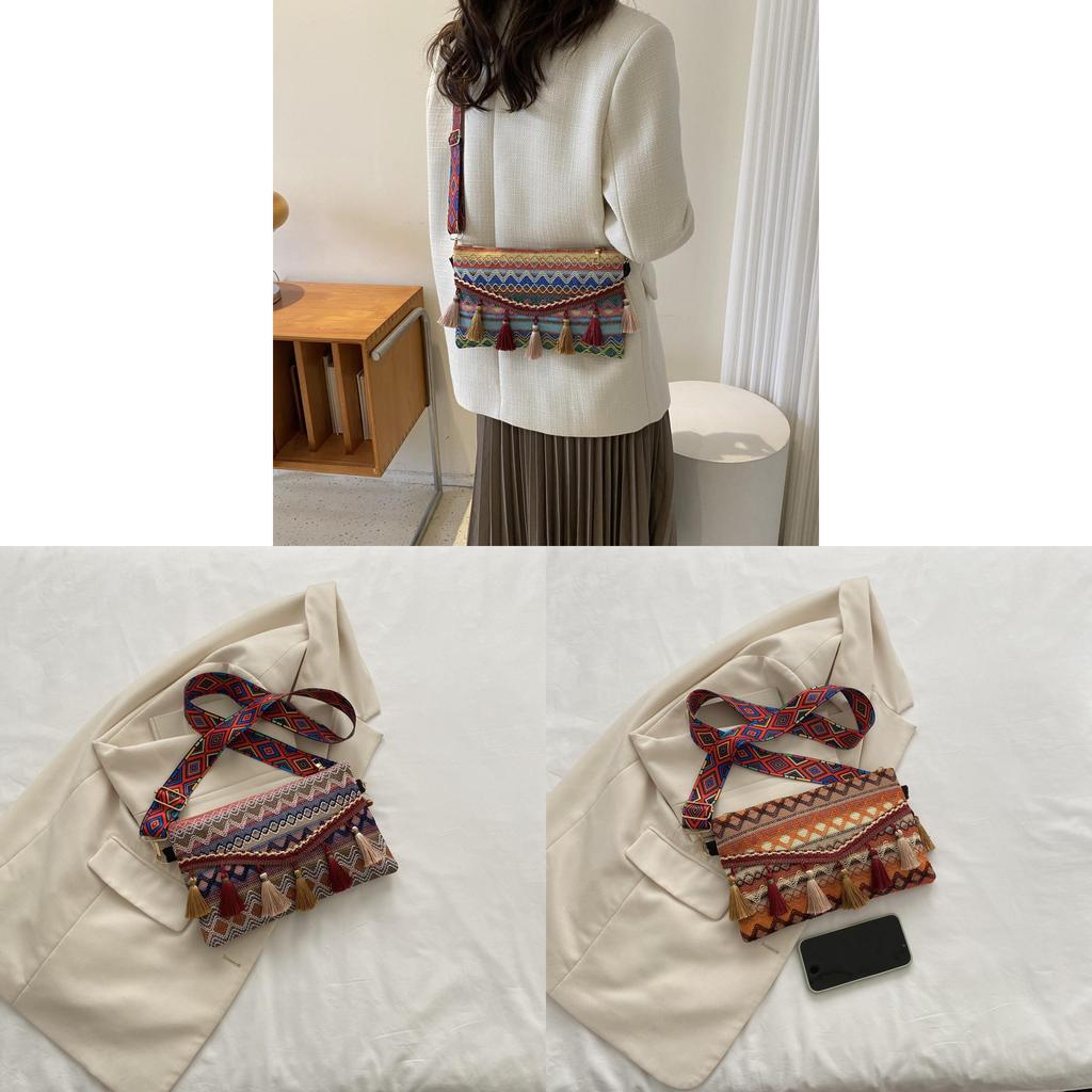 Chinese Art Canvas Envelope Purse With Tassels And Zipper Closure For Casual Use