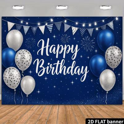 2D schimmernd blau-silberne Happy Birthday Kulisse für Jungen & Männer Feiern