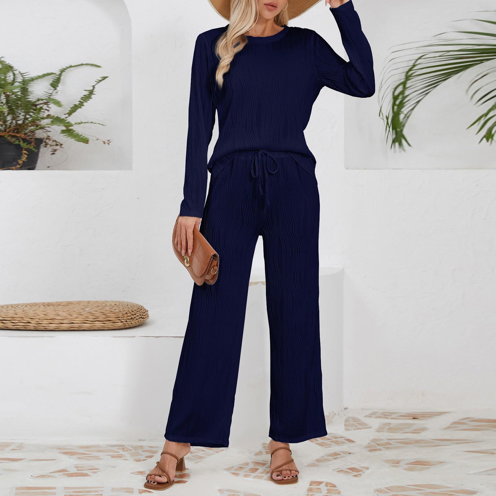 

Женские осенние комплекты из двух частей, топы с длинным рукавом, футболки, длинный удобный повседневный свободный костюм L тёмно-синий