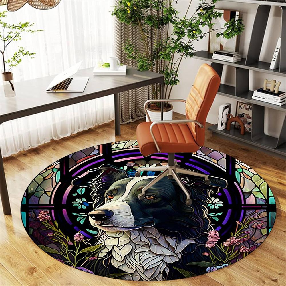 1pc Stained Glass Dog Round Chair mat office Area Rug - Non-Slip, Floor Mat for Office, Bedroom, Ideal home decor gift c0112045