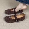 Sheepskin Version~ Korean Version of Round Head Hollow Hole Shoes Flat Bottom One-word Buckle Mary Jane Shoes Women's 2025 Spring and Summer Shoes