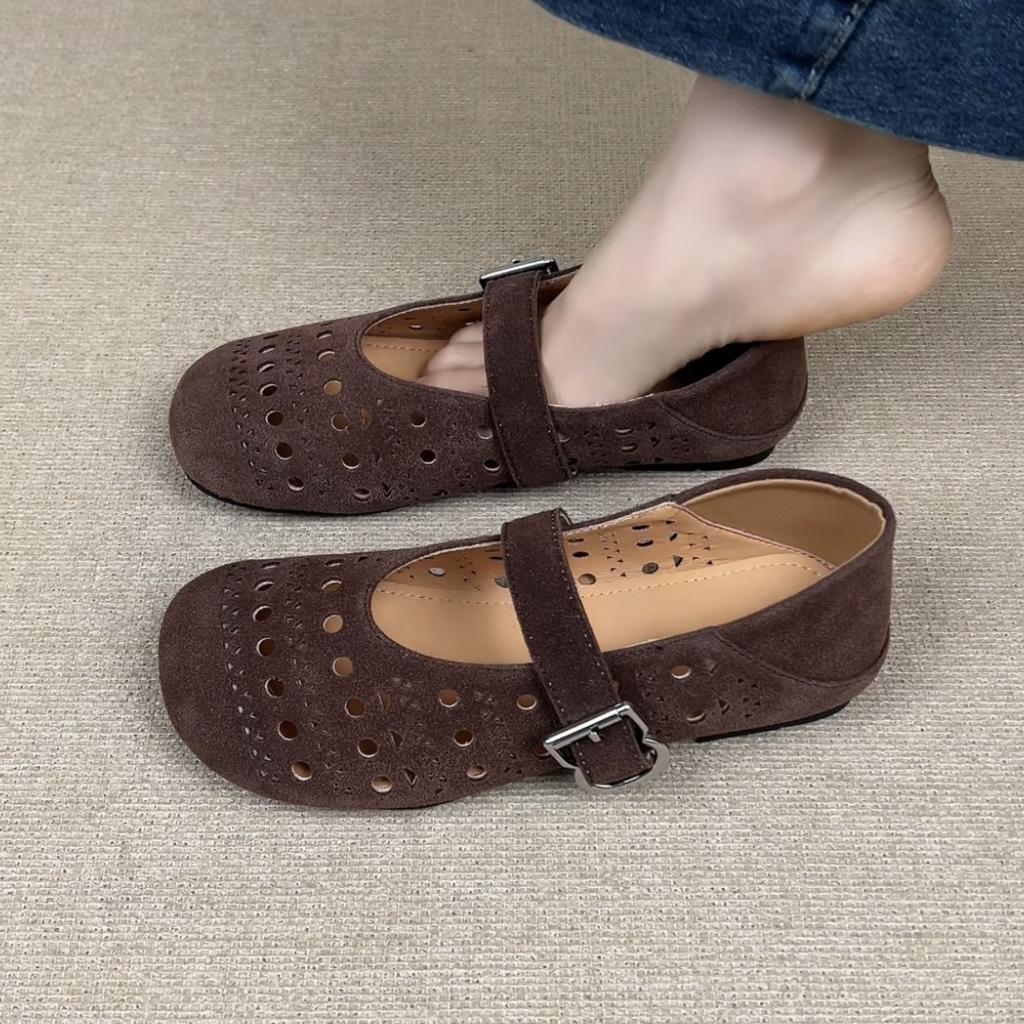 Sheepskin Version~ Korean Version of Round Head Hollow Hole Shoes Flat Bottom One-word Buckle Mary Jane Shoes Women's 2025 Spring and Summer Shoes