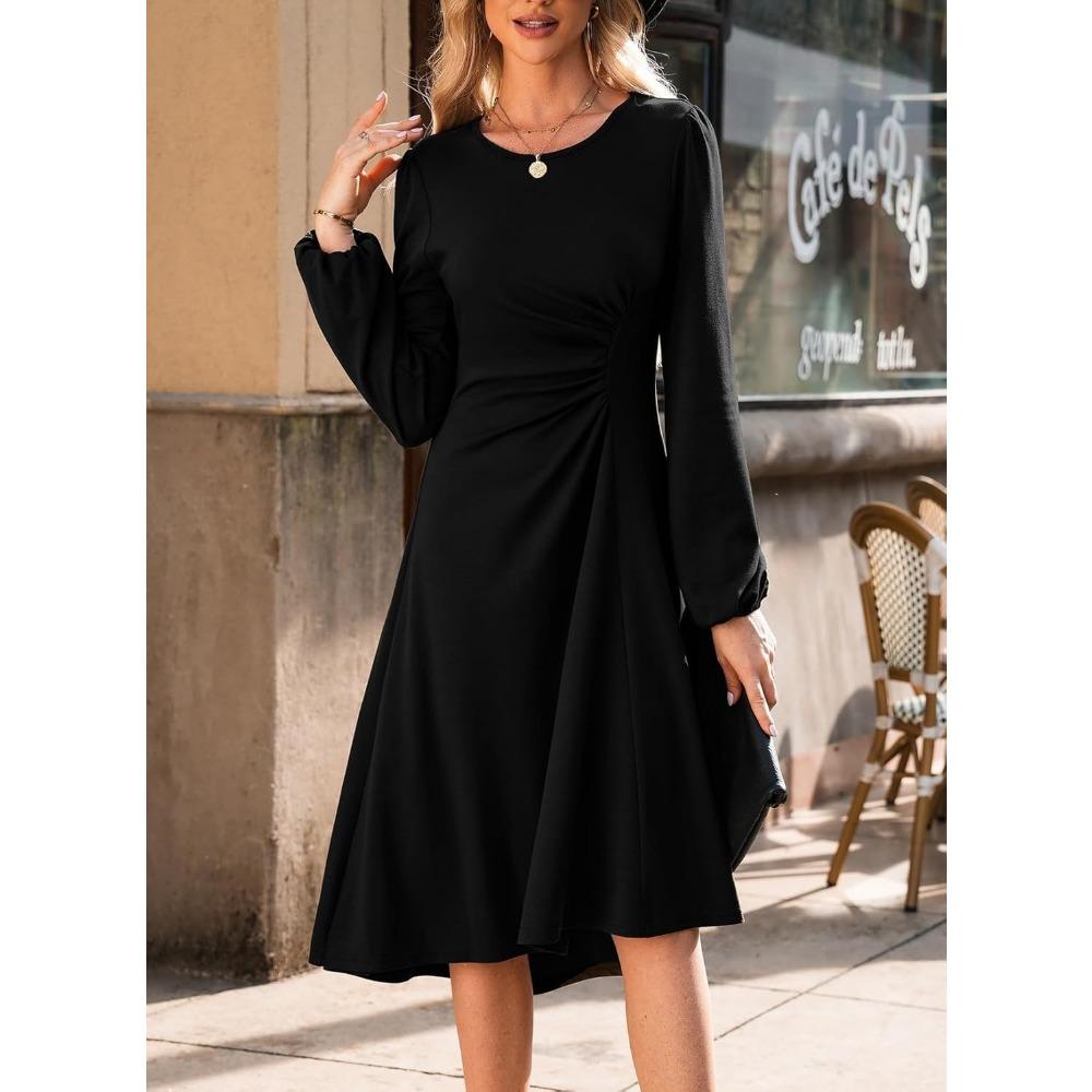 

HNXC Женская мода осень-зима однотонный принт длинный рукав О-образный вырез повседневные платья XL чёрный