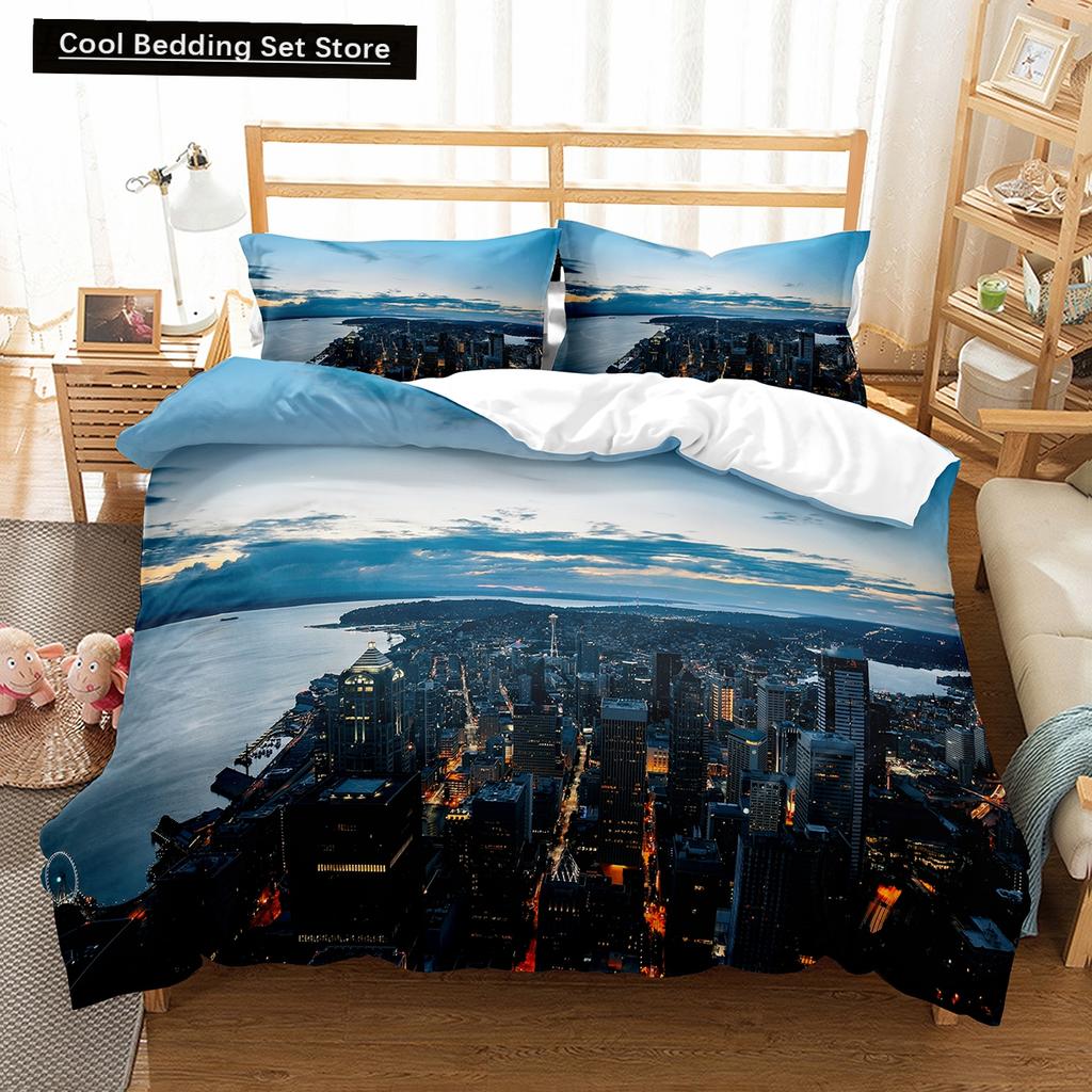 Comforter Cityscapes King Queen Tall Buildings Landscape Bedding Set Busy Traffic View Polyester Comforter