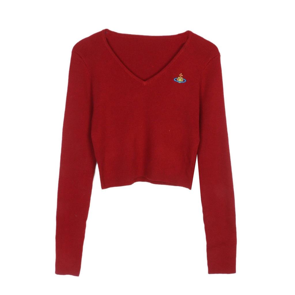 Korean Style V-Neck Saturn Embroidered Slim Knit Top for Women