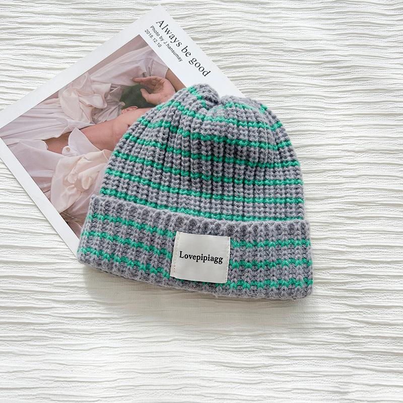 Hat women's autumn and winter retro striped wool hat, big head circumference, small face, warm ear protectors, knitted cold hat