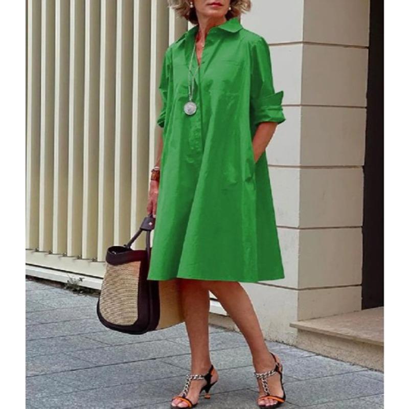 Novos produtos de outono, camisa com gola estampada de bolinhas de temperamento fashion, manga comprida, vestido médio e longo