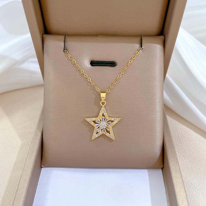 Necklace Earrings Set Light Luxury Full Of Diamonds Flower Five-Pointed Star Personality Temperament Banquet Earrings Necklace