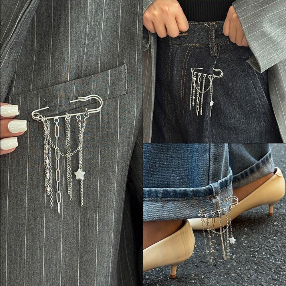 Exaggerated Design Metal Chain Pendant Adjustable Length Faux Pearl Tassel Brooches Octagonal Star Rhinestone Heart Rock Jewelry
