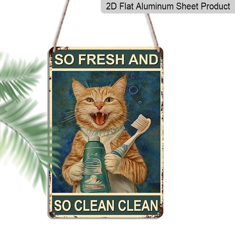 2D Flat, 1pc Funny Orange Tabby Cat Bathroom Aluminum Wall Decor Sign - Vintage "So Fresh & So Clean" Metal Plaque with Ginger Cat & Toothbrush