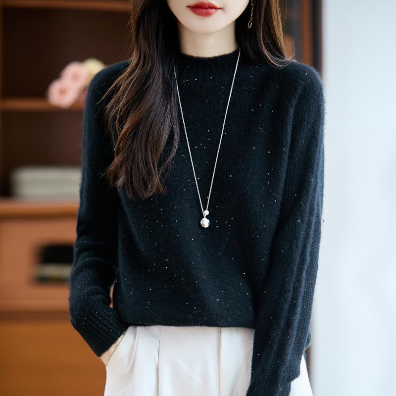 Autumn/Winter Wool High-Neck Knit Sweater with Colorful Sequins - Thickened & Loose Fit