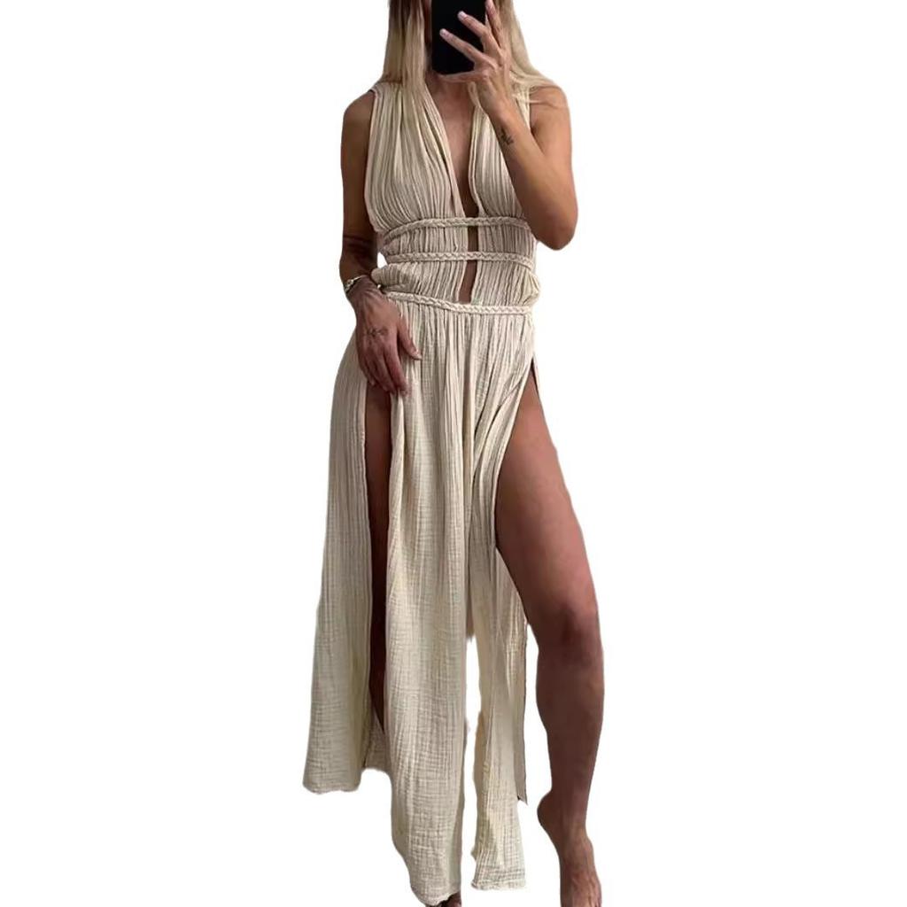 Bohemian Linen Blend Sleeveless Braid Belt Hollow Slit Dress