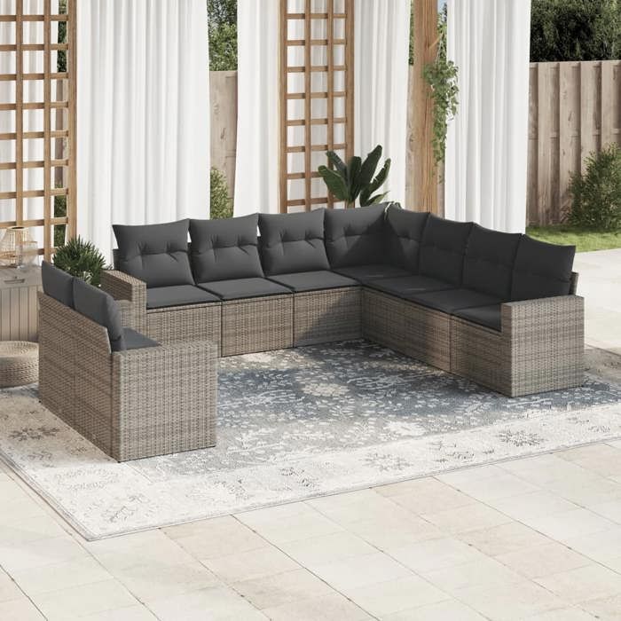 VidaXL Garden Lounge Set 9 Pcs with Grey Cushions Wicker 3219140