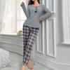 Women's Pajama Set Solid Long-sleeved Top with Plaid Trousers Suit Button Bow Trim Sleepwear Loungewear Nighties