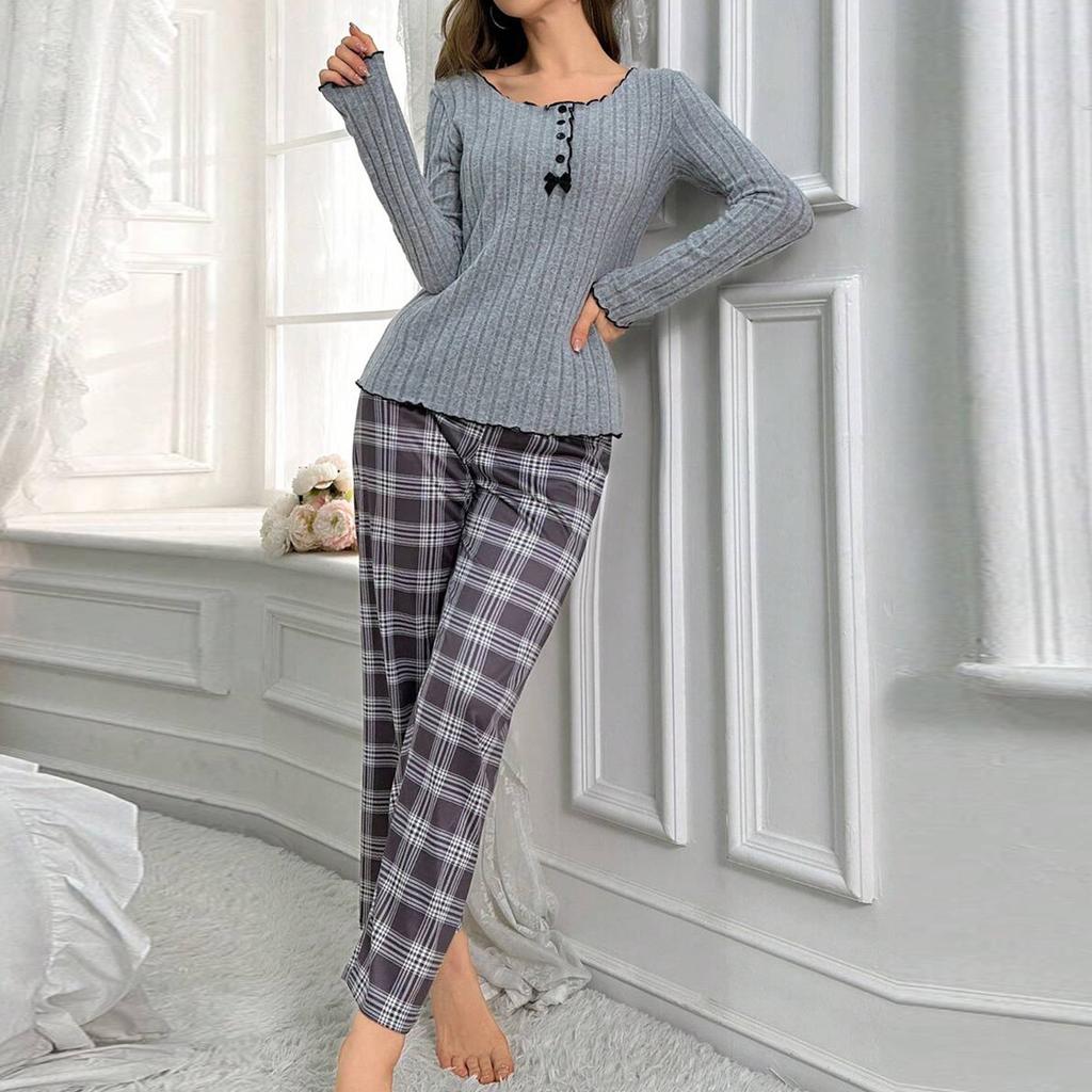 Women's Pajama Set Solid Long-sleeved Top with Plaid Trousers Suit Button Bow Trim Sleepwear Loungewear Nighties