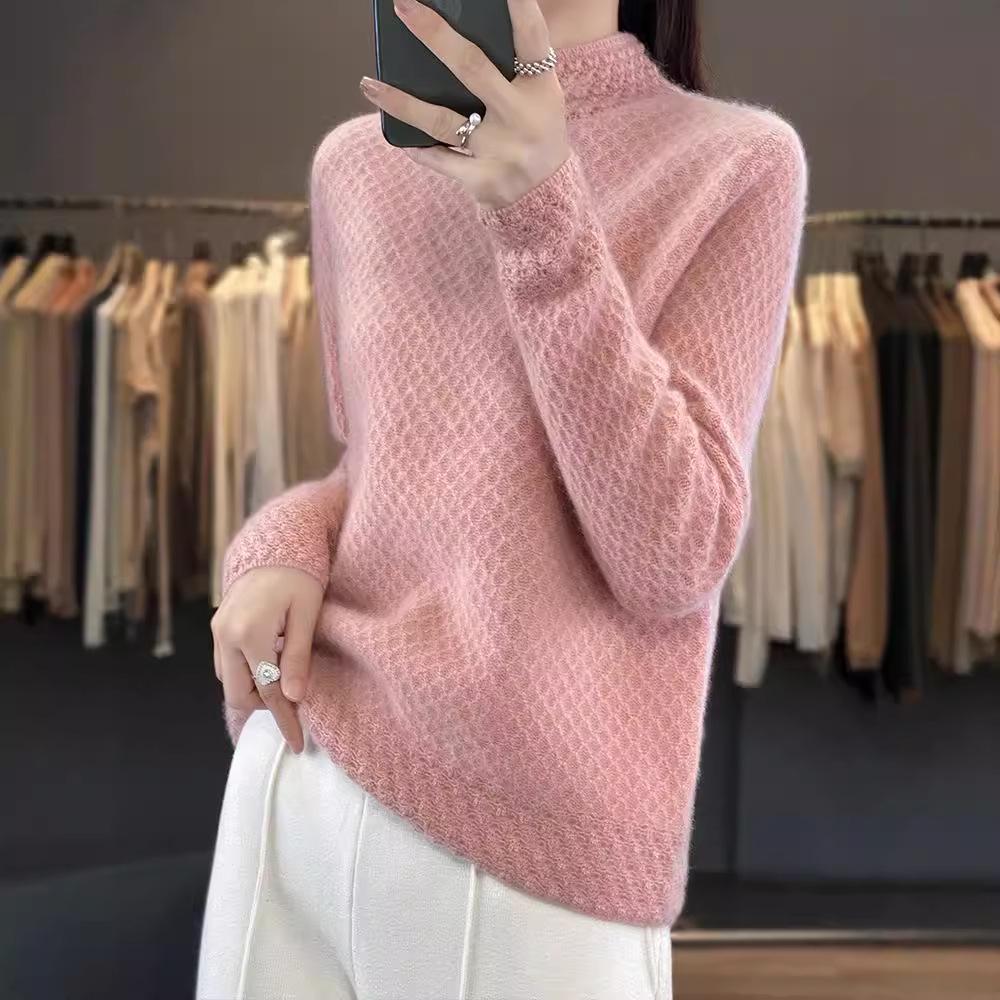 Women's 100% Wool Knitted Semi-High Neck Sweater - Thick, Loose, Slimming Autumn/Winter Wear