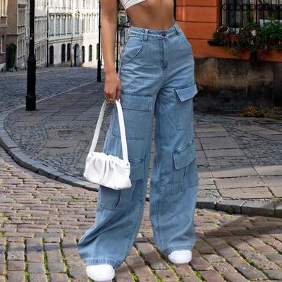 Kadın Kot Yüksek Bel Düğmeli Fermuarlı Düz Geniş Paça Denim