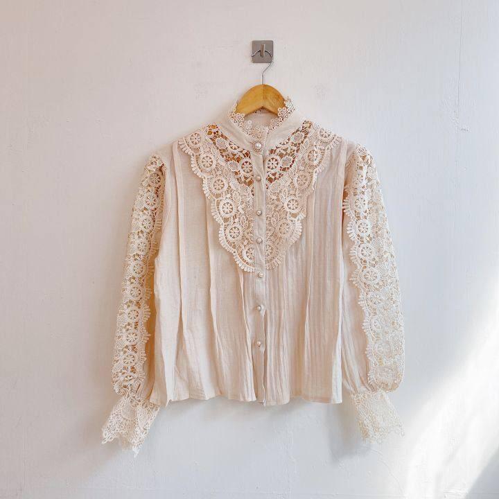 Women Lace Blouses Petal Sleeve Women Blouse Chic Button Hollow Out Flower Lace Patchwork White Shirt Top Female Clothing