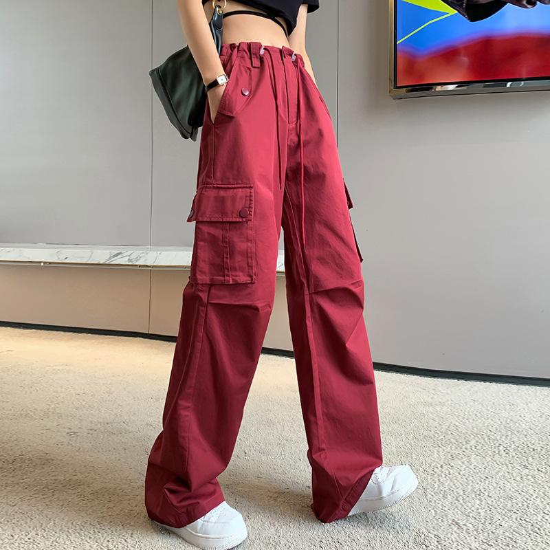 FiveFive Y2K Drawstring Cargo Parachute Pants Women Harajuku Streetwear Oversize Wide Leg Straight Trousers Female Pockets