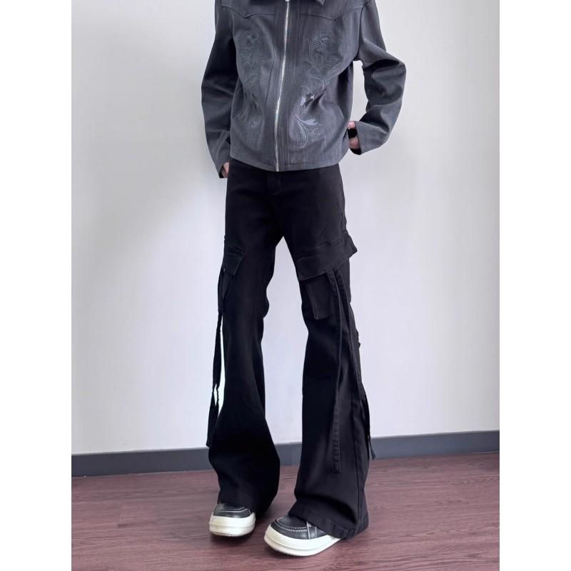 Mens Black Vintage High Street Flared Denim Pants Elastic Waist Cargo Jeans Casual Wear
