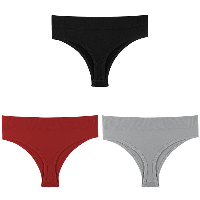 Women Solid 3PCS/Set Panties Sexy Middle Waist G-String Thong Femal Soft Nylon Lingerie Stretch T-Back Thong Underwear
