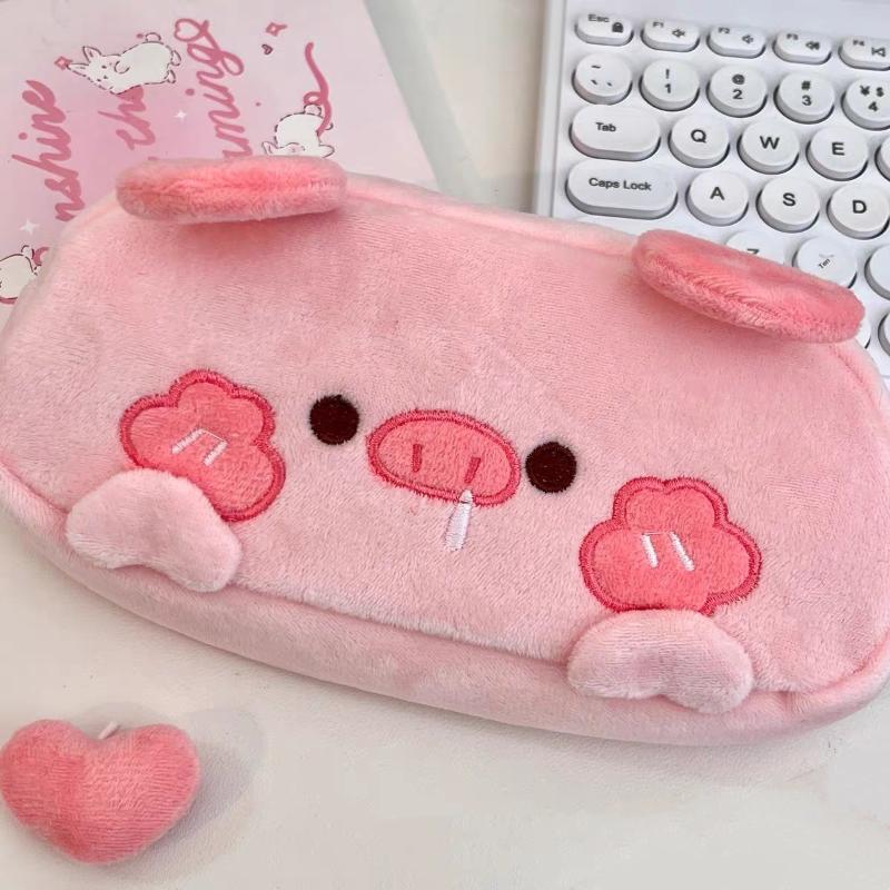New Plush Little Bear Little Pig Pencil Case Cute Makeup Bag Large Capacity Portable Stationery Storage Pouch Zipper Pen Case