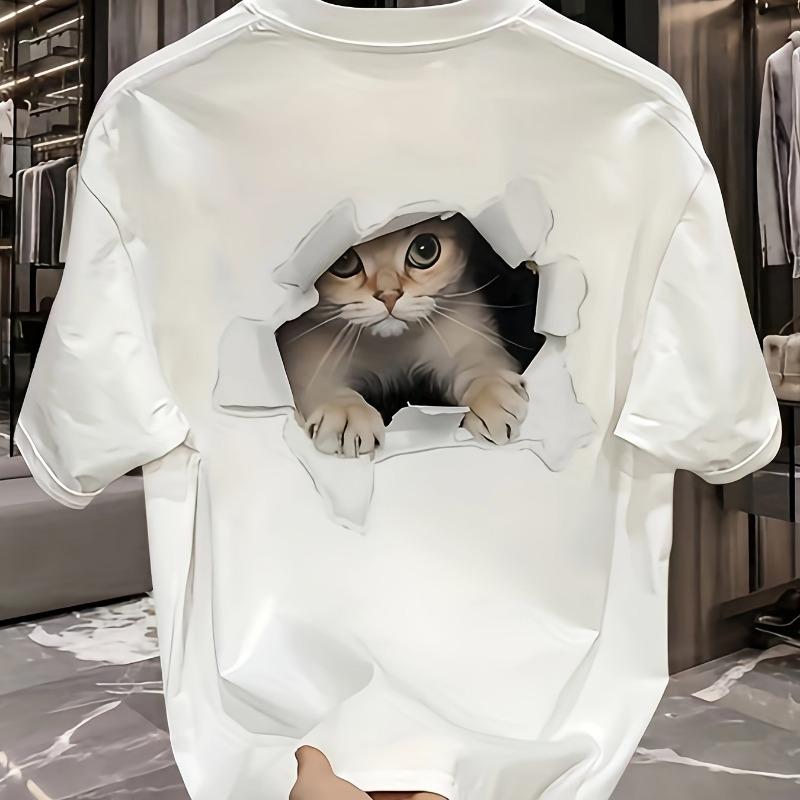 Men's Summer 100 Cotton Fashionable Casual Loose Large Size 3D Cat Pattern Printed Sports Round Neck Short Sleeve T-shirt Top